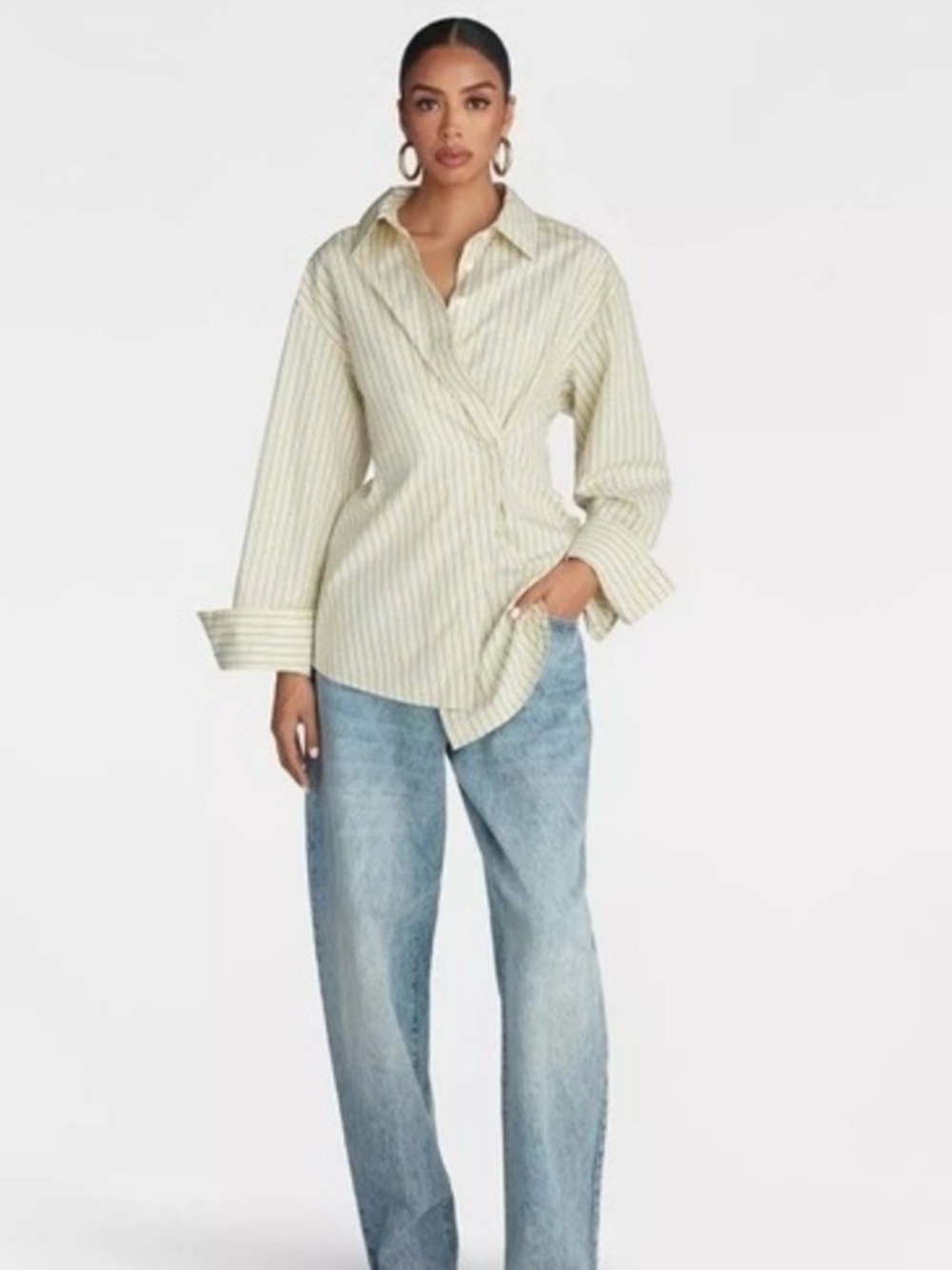 Crossover Button-Down Shirt in Soft Cream and Green Stripe